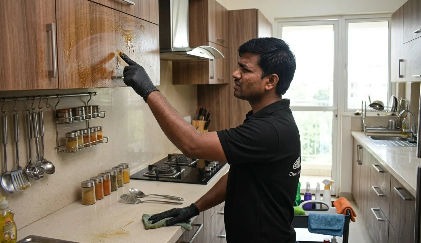 Inspection of sticky grease buildup on kitchen cabinets Inspection of sticky grease buildup on kitchen cabinets